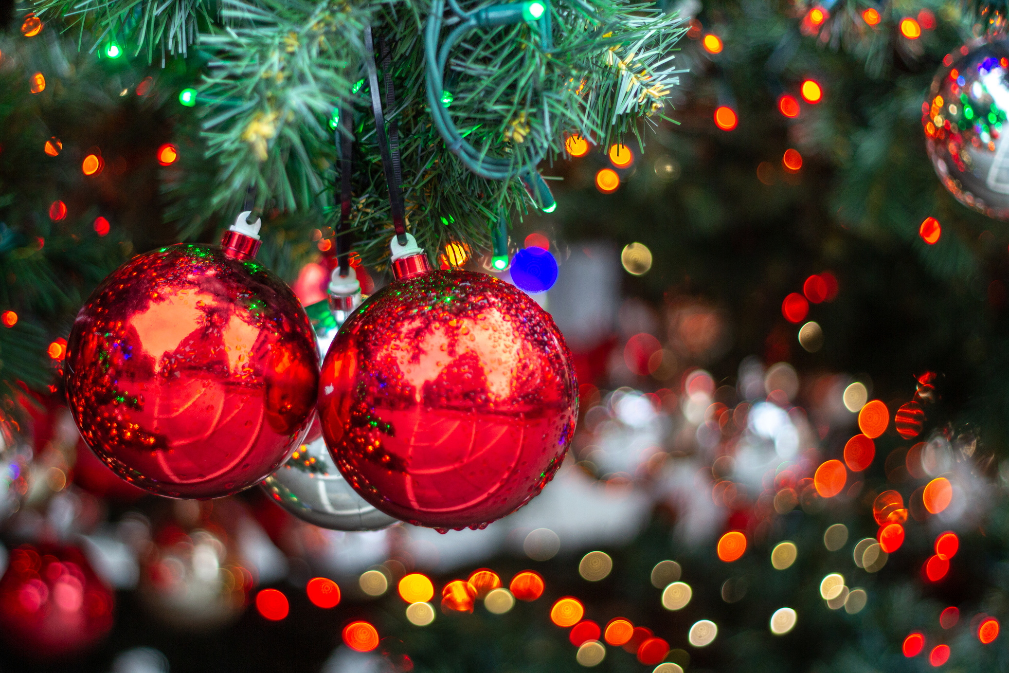 Christmas ornament on the Christmas tree with bokeh background