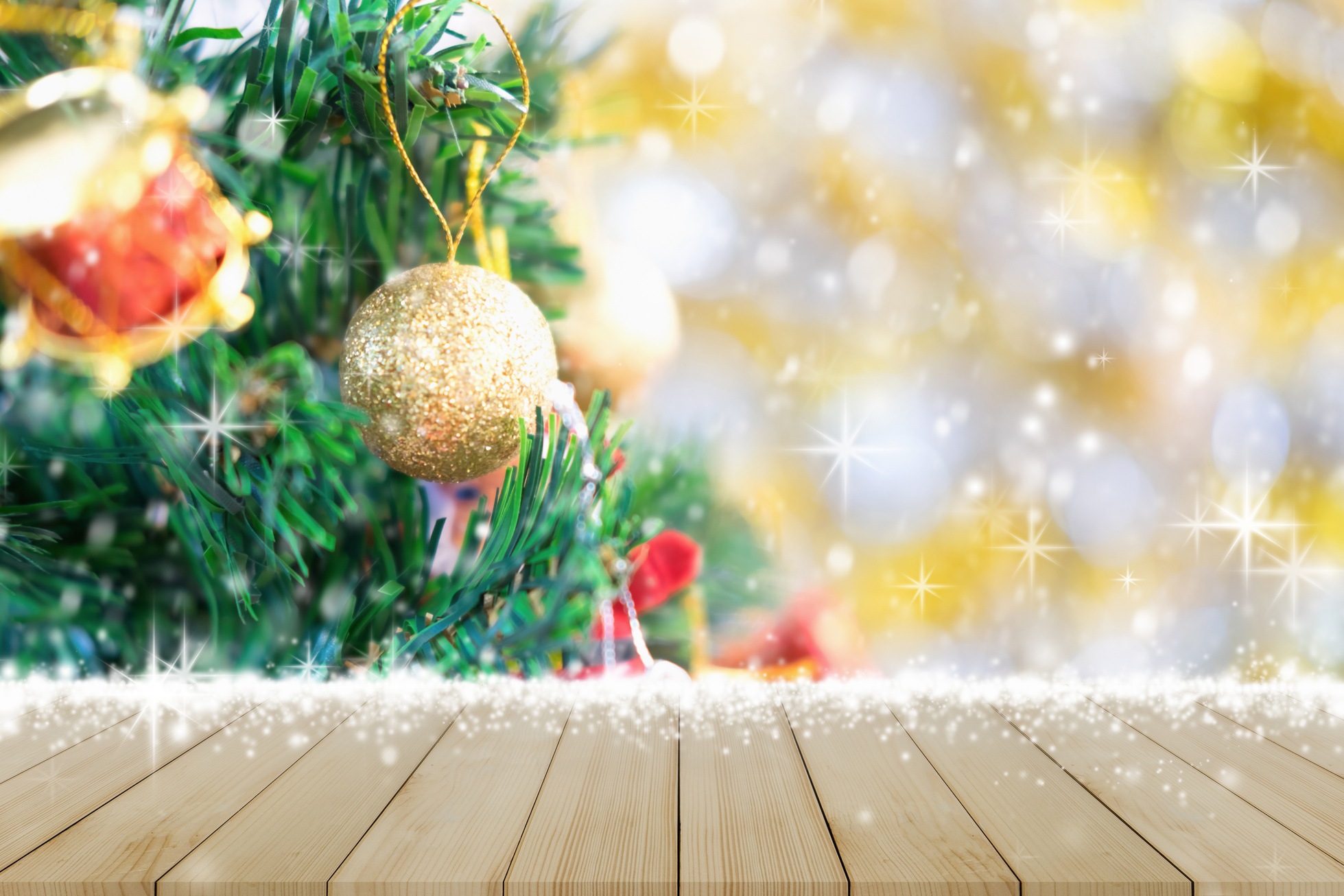 Empty Wooden Top with Christmas Tree Background